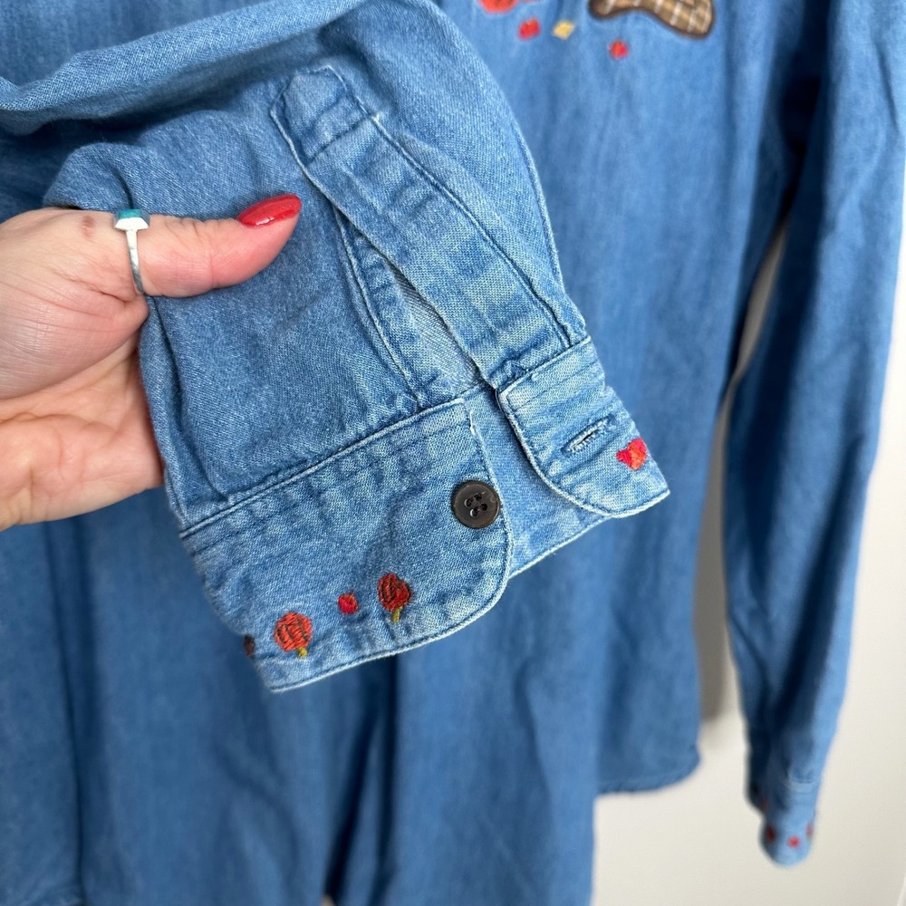 Karen Scott II Women's Denim Shirt‎ Fall Cats Pumpkins Corn Embroidery 2X - Picture 4 of 9